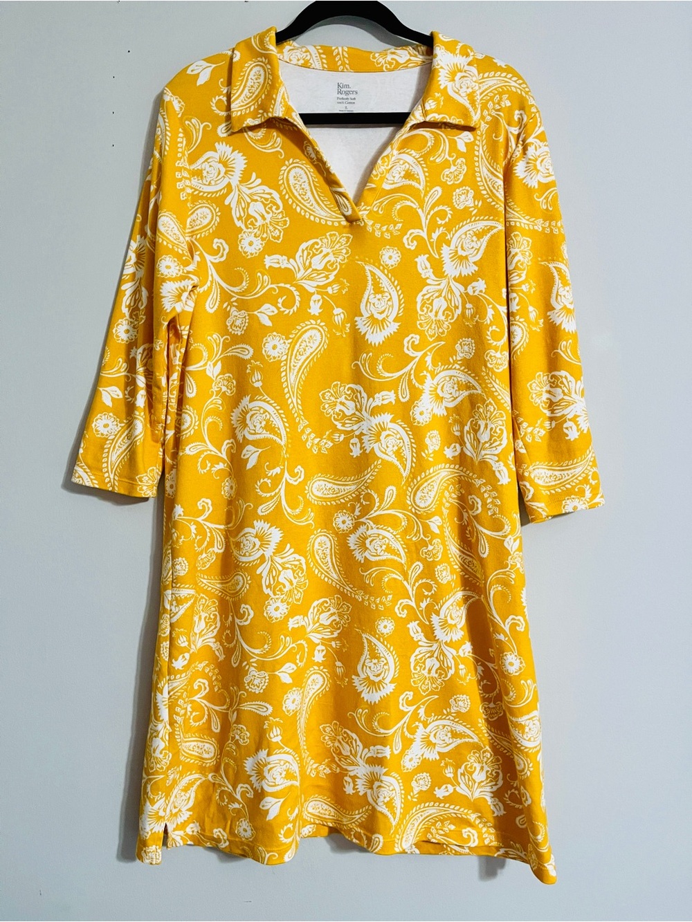 Kim Rogers Mustard Yellow Paisley Tunic Shirt Dress L Cotton Preppy Retro Mod
